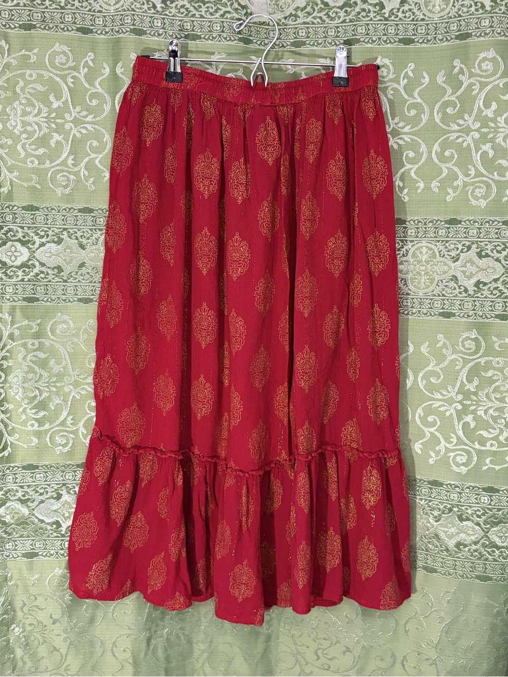 Red Tiered Bohemian Maxi Skirt with Gold Print
